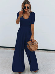 Scoop Neck Short Sleeve Jumpsuit Dark Blue / S