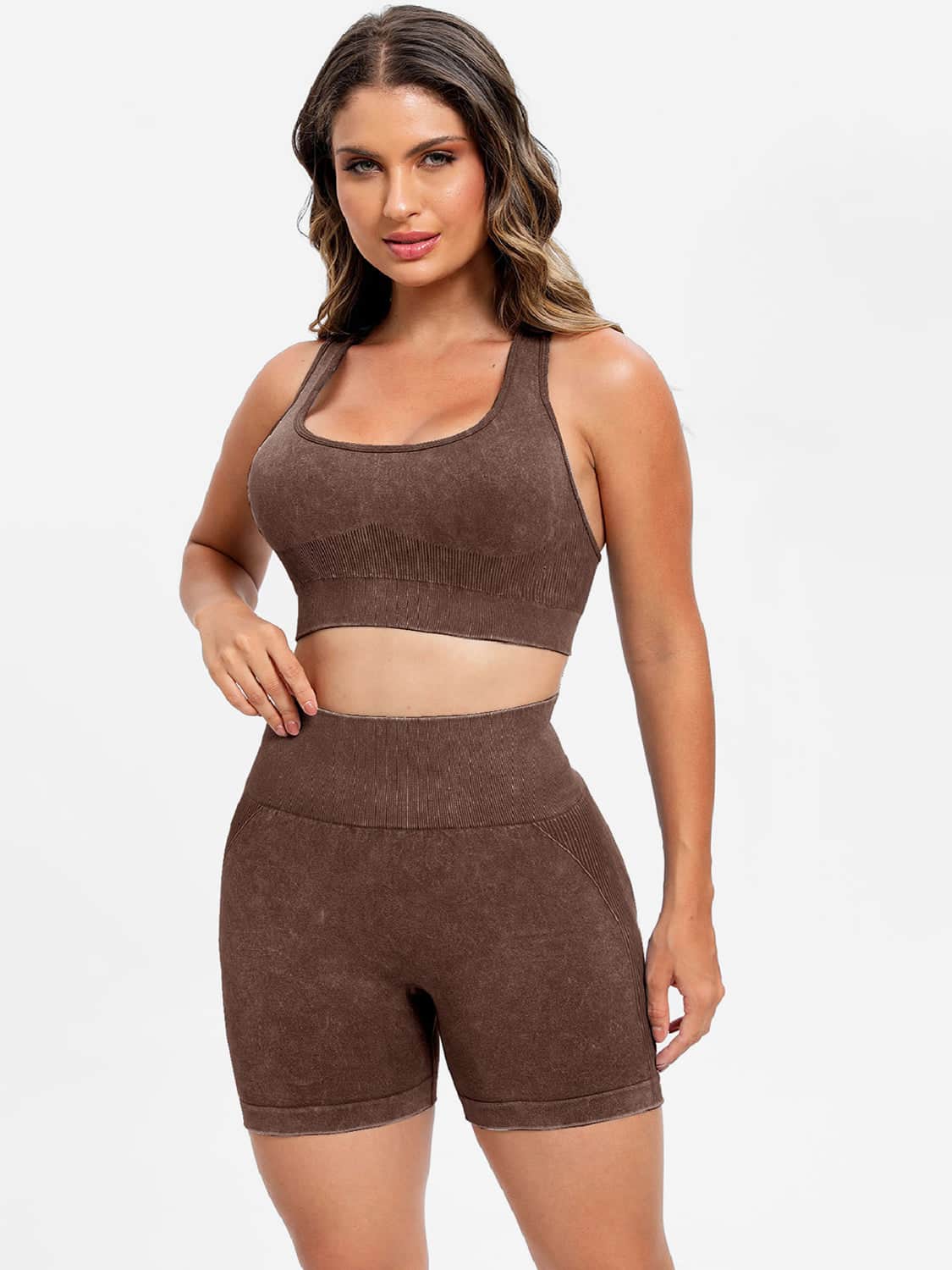 Scoop Neck Wide Strap Top and Shorts Active Set Dark Brown / S