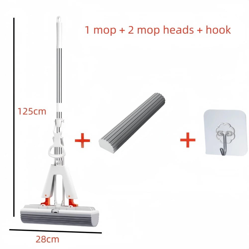 Self-Draining Rubber Cotton Mop - No-Wash Lazy Flat Mop, Reusable Sponge A white mop