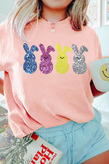Sequin Bunny Round Neck Short Sleeve T-Shirt Watermelon pink / 2XL