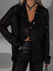 Sequin Button Up Long Sleeve Shirt Black / S