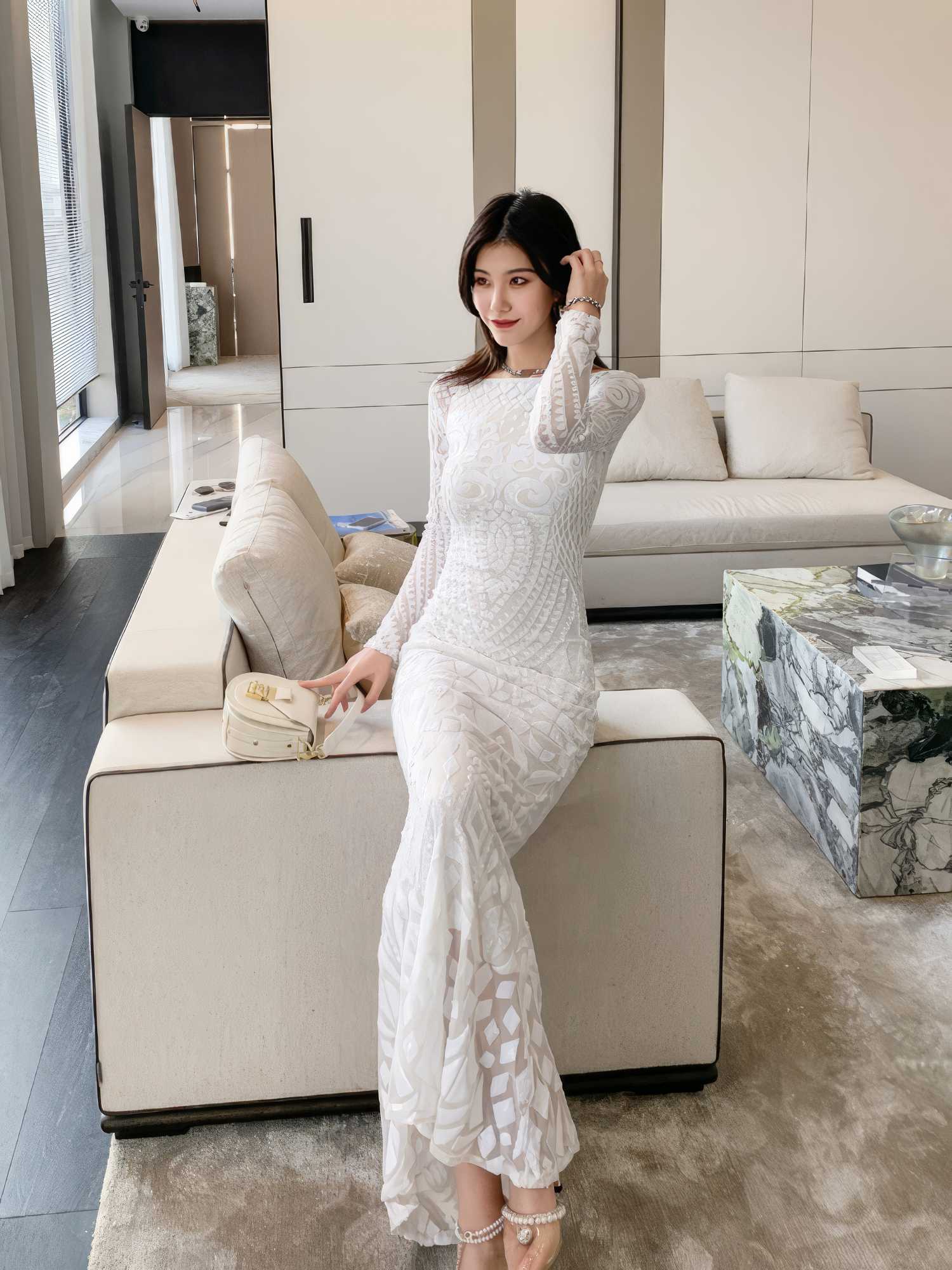 Sequin Embroidered Longsleeve Mermaid Dress