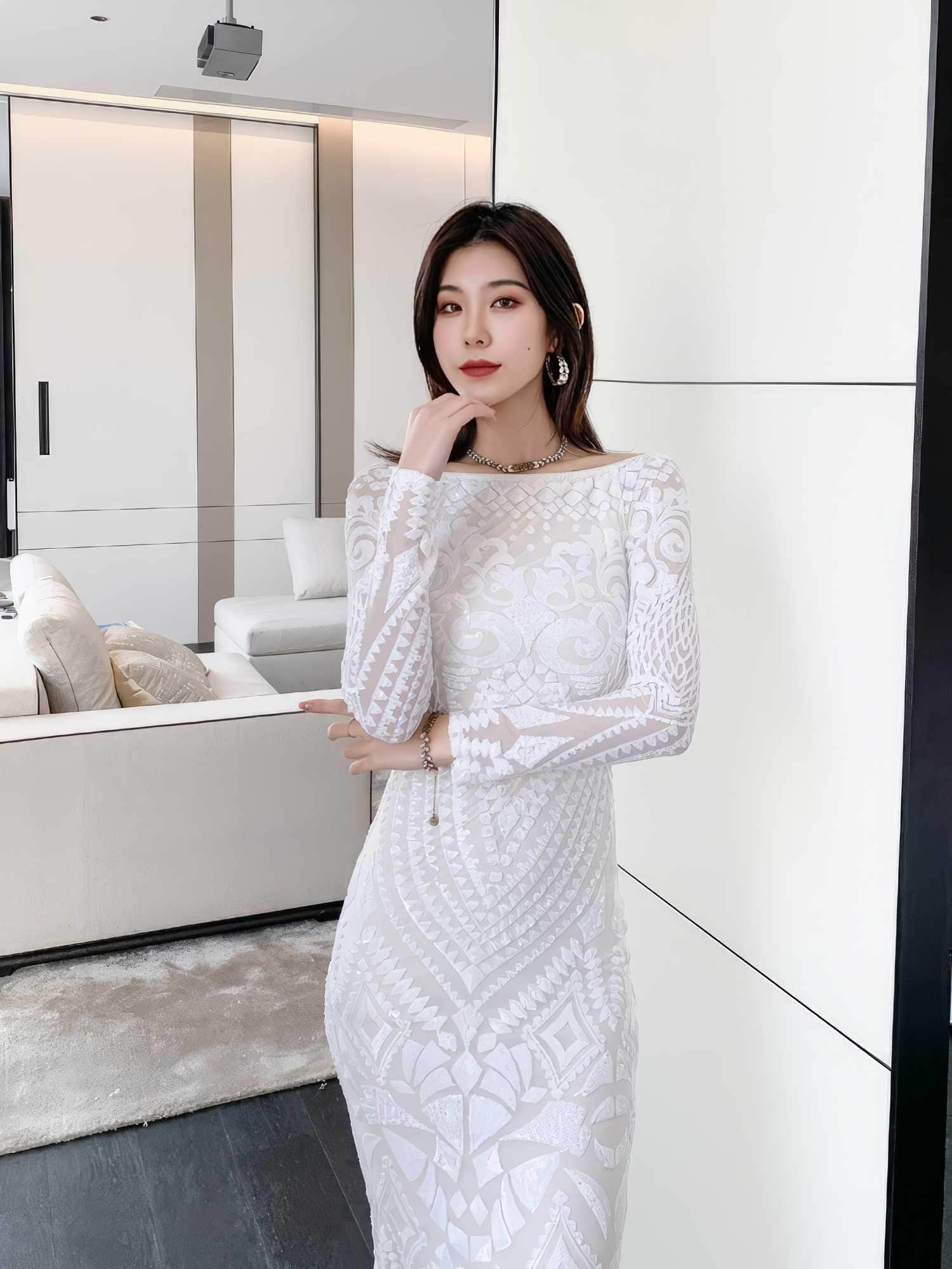 Sequin Embroidered Longsleeve Mermaid Dress