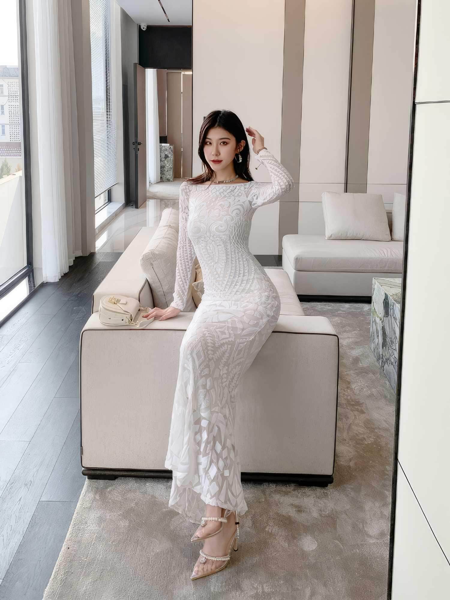 Sequin Embroidered Longsleeve Mermaid Dress