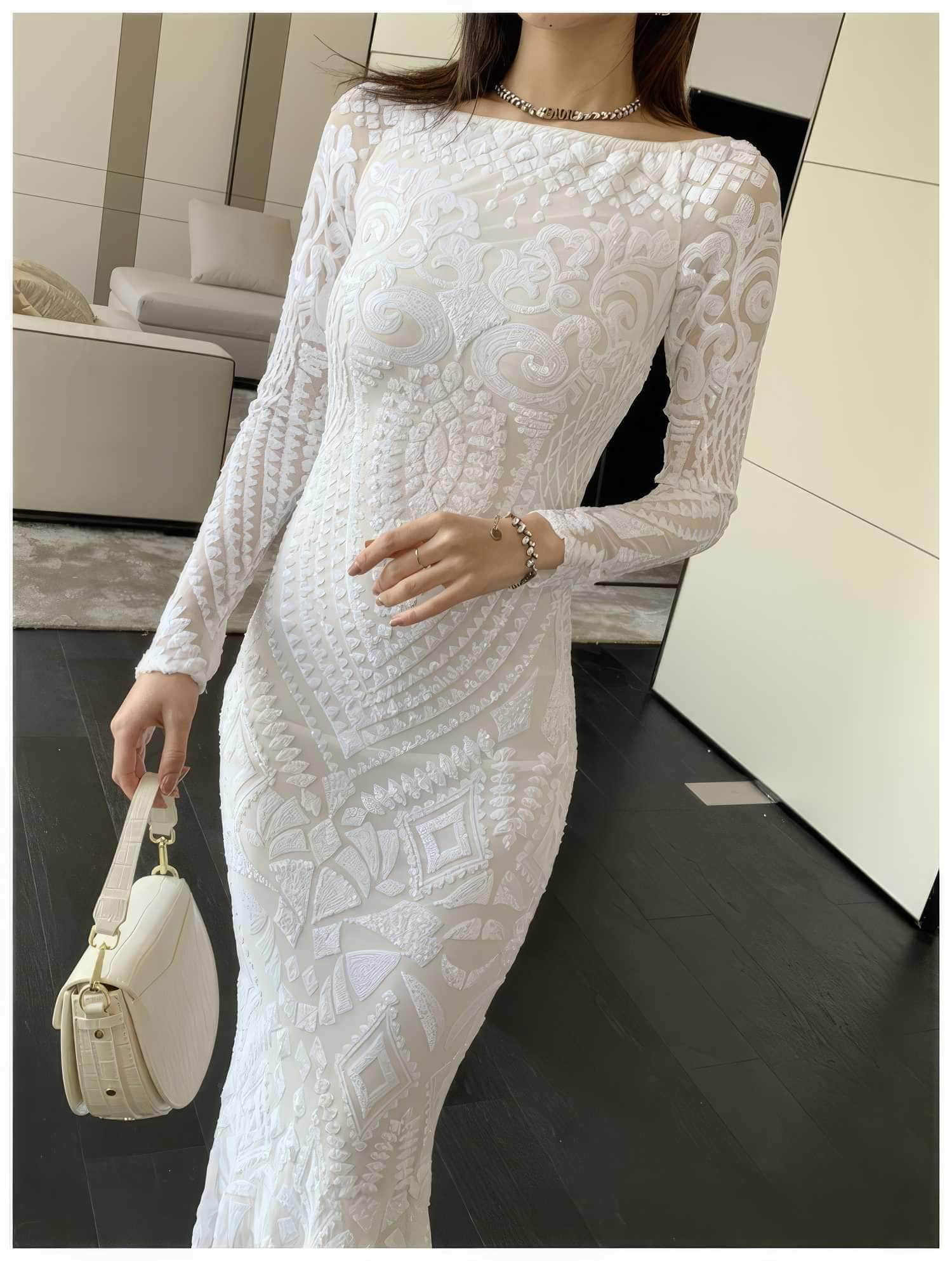 Sequin Embroidered Longsleeve Mermaid Dress