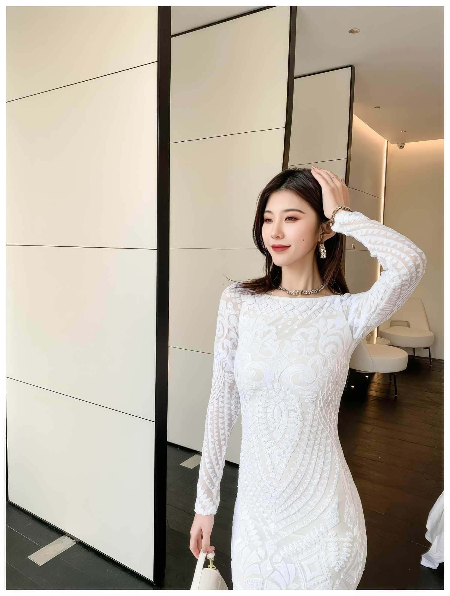 Sequin Embroidered Longsleeve Mermaid Dress