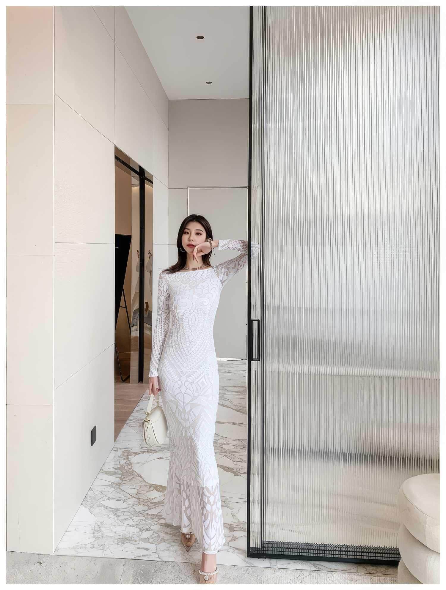 Sequin Embroidered Longsleeve Mermaid Dress