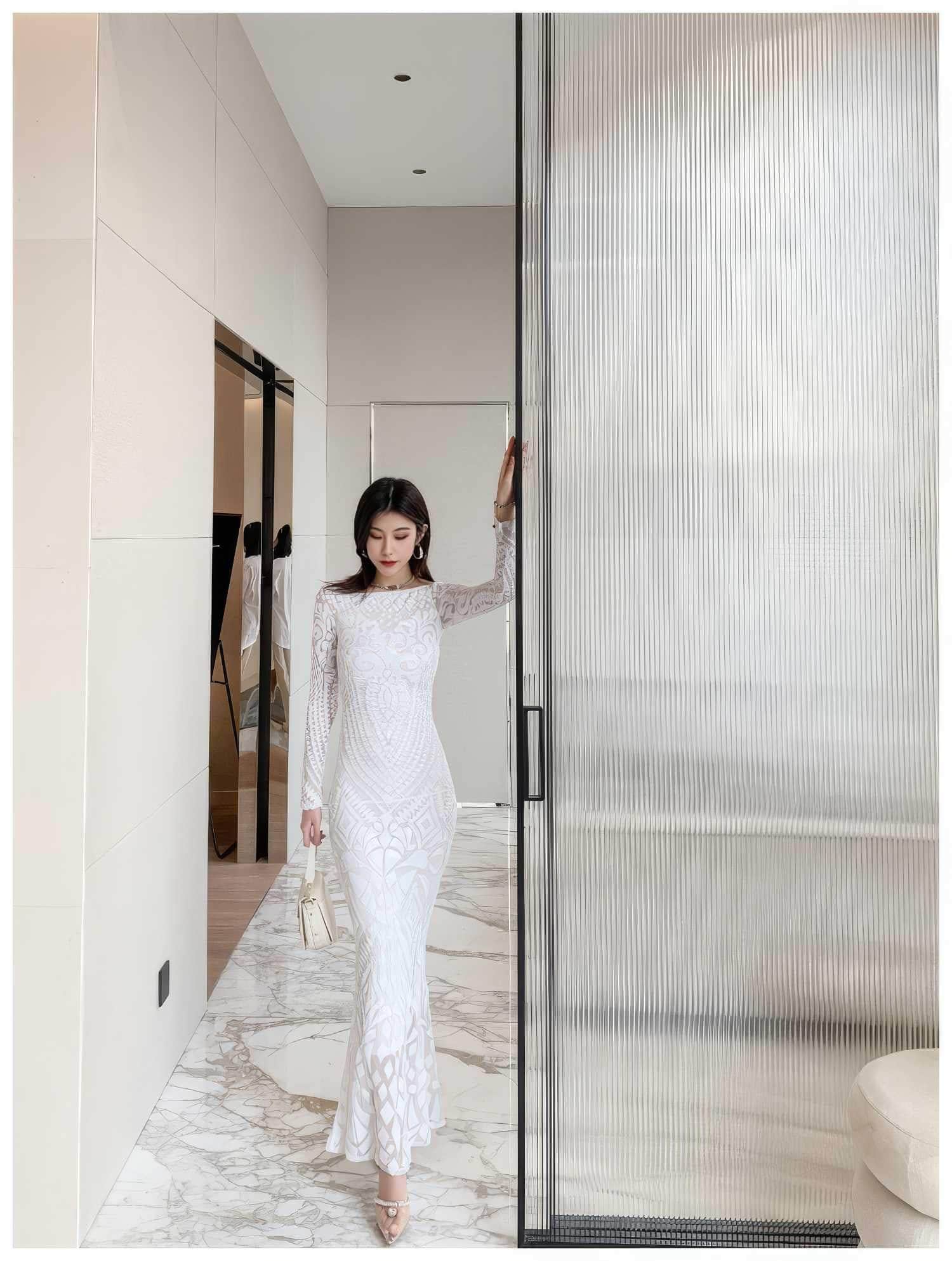 Sequin Embroidered Longsleeve Mermaid Dress