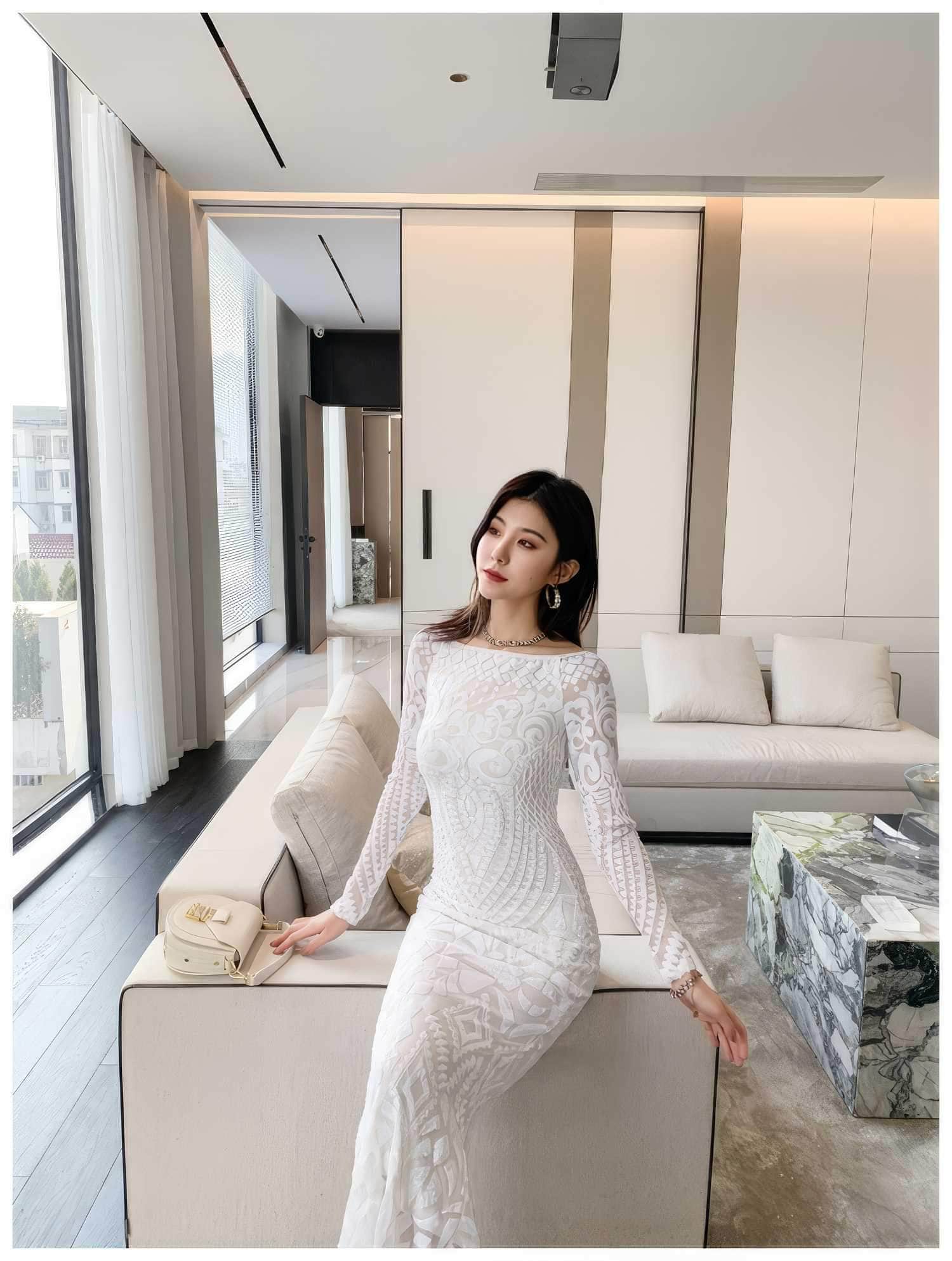 Sequin Embroidered Longsleeve Mermaid Dress
