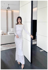 Sequin Embroidered Longsleeve Mermaid Dress S / White