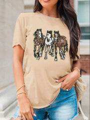 Sequin Horses Patched Casual Crewneck T Shirt Khaki / S