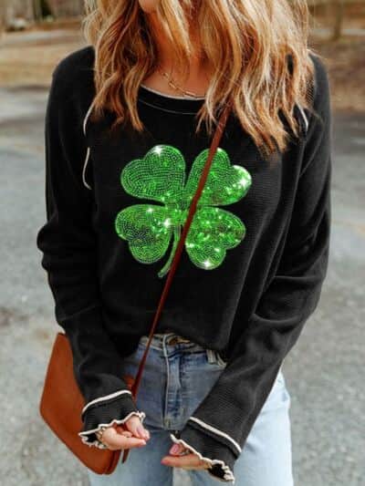 Sequin Lucky Clover Lettuce Trim Long Sleeve Top Black / S