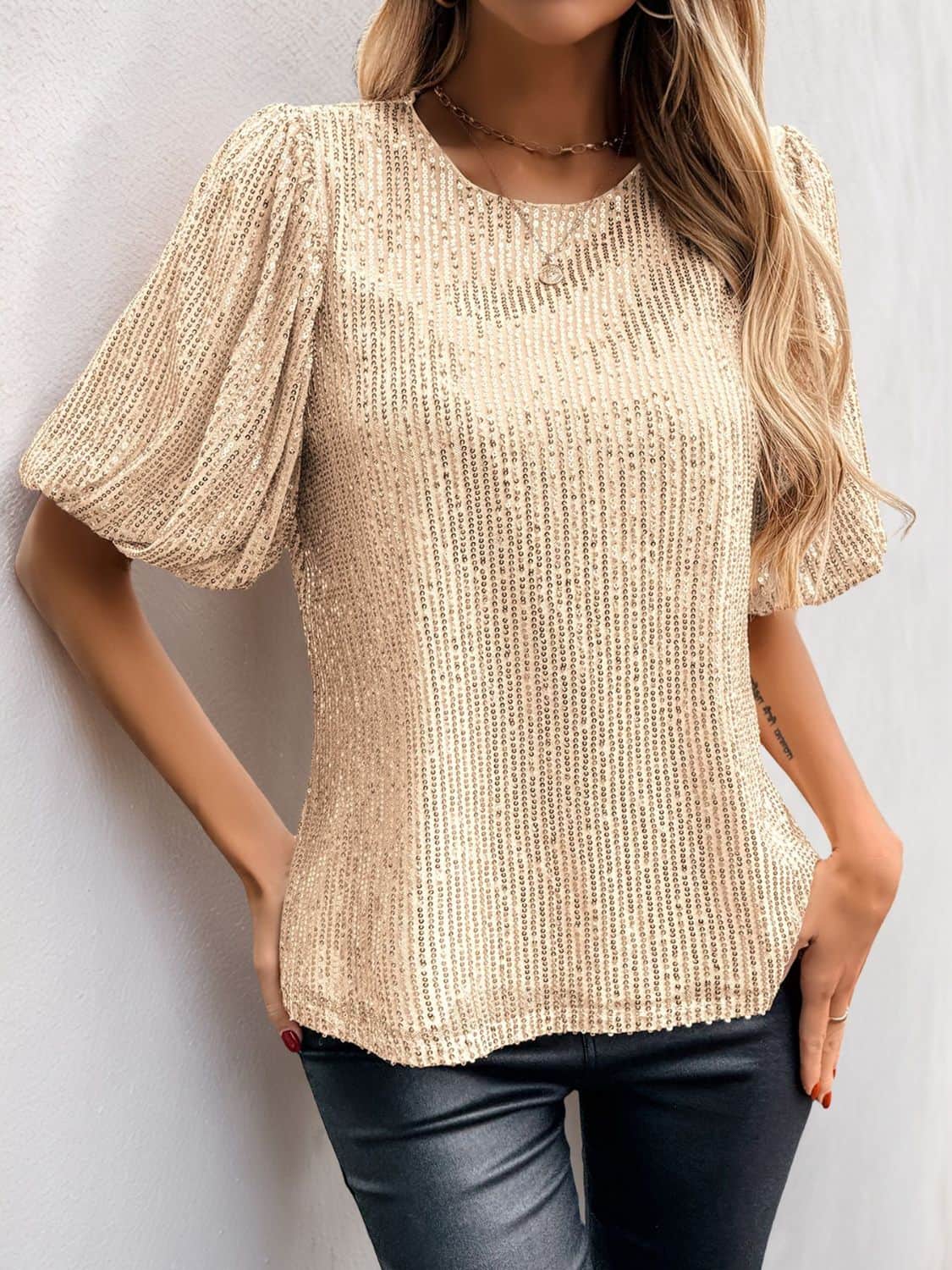 Sequin Round Neck Half Sleeve Top