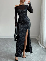 Sequin Slit One Shoulder Maxi Dress