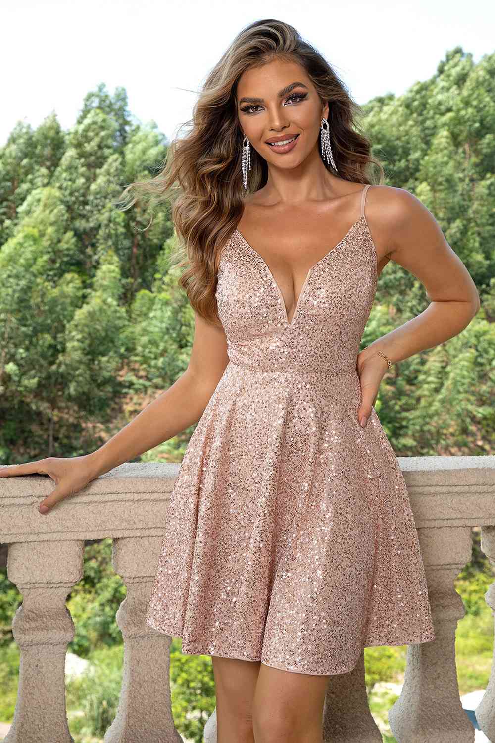 Sequin Spaghetti Strap Dress Camel / XS