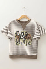 Sequin Striped Round Neck T-Shirt