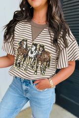 Sequin Striped Round Neck T-Shirt Taupe / S
