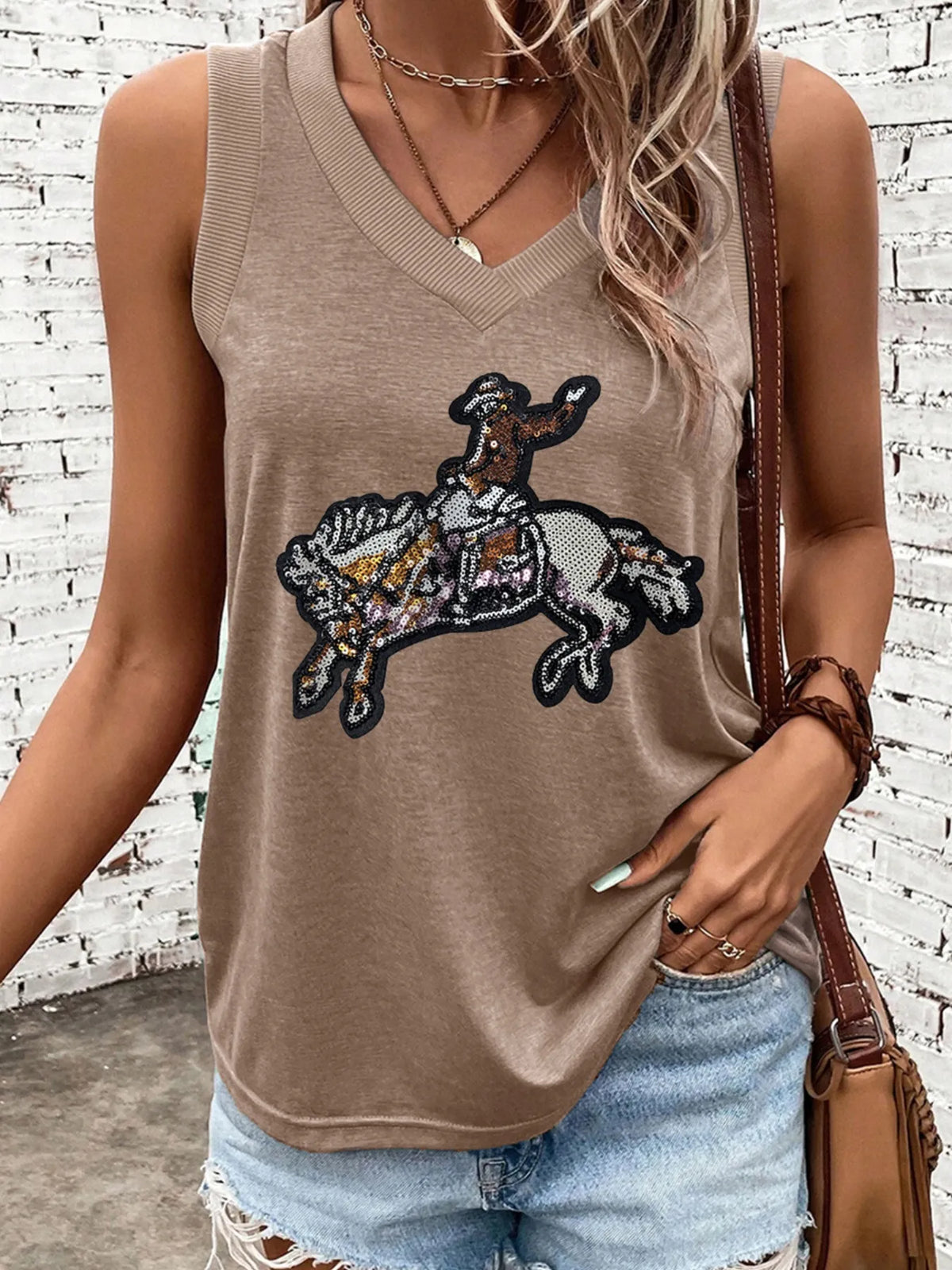 Sequin V-Neck Tank Mocha / S