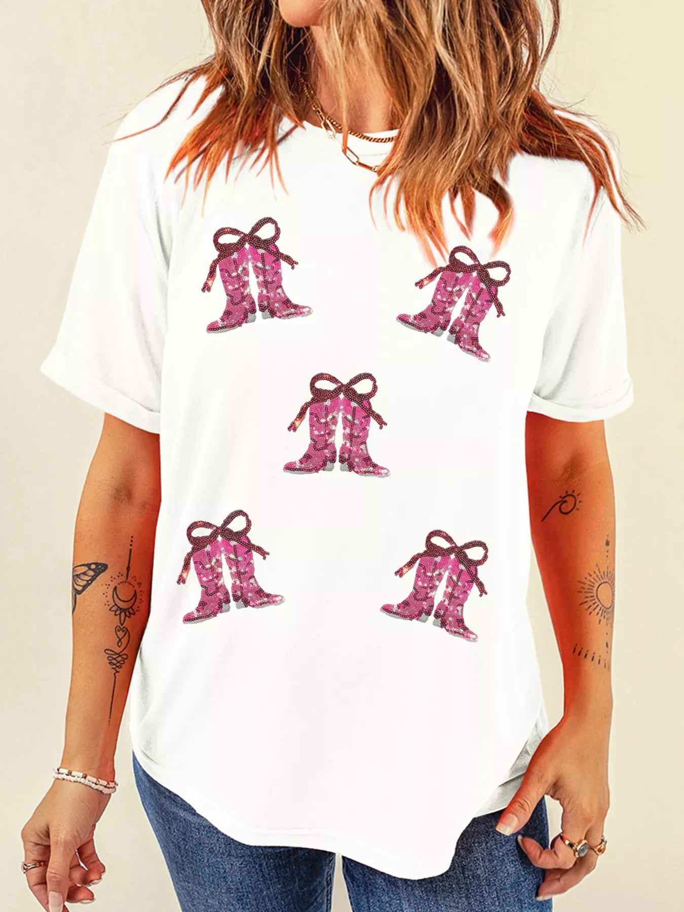 Sequined Cowgirl Boots Patched Custom Print T Shirt