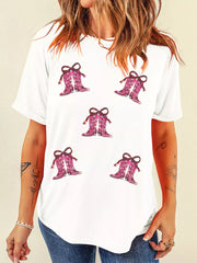 Sequined Cowgirl Boots Patched Custom Print T Shirt