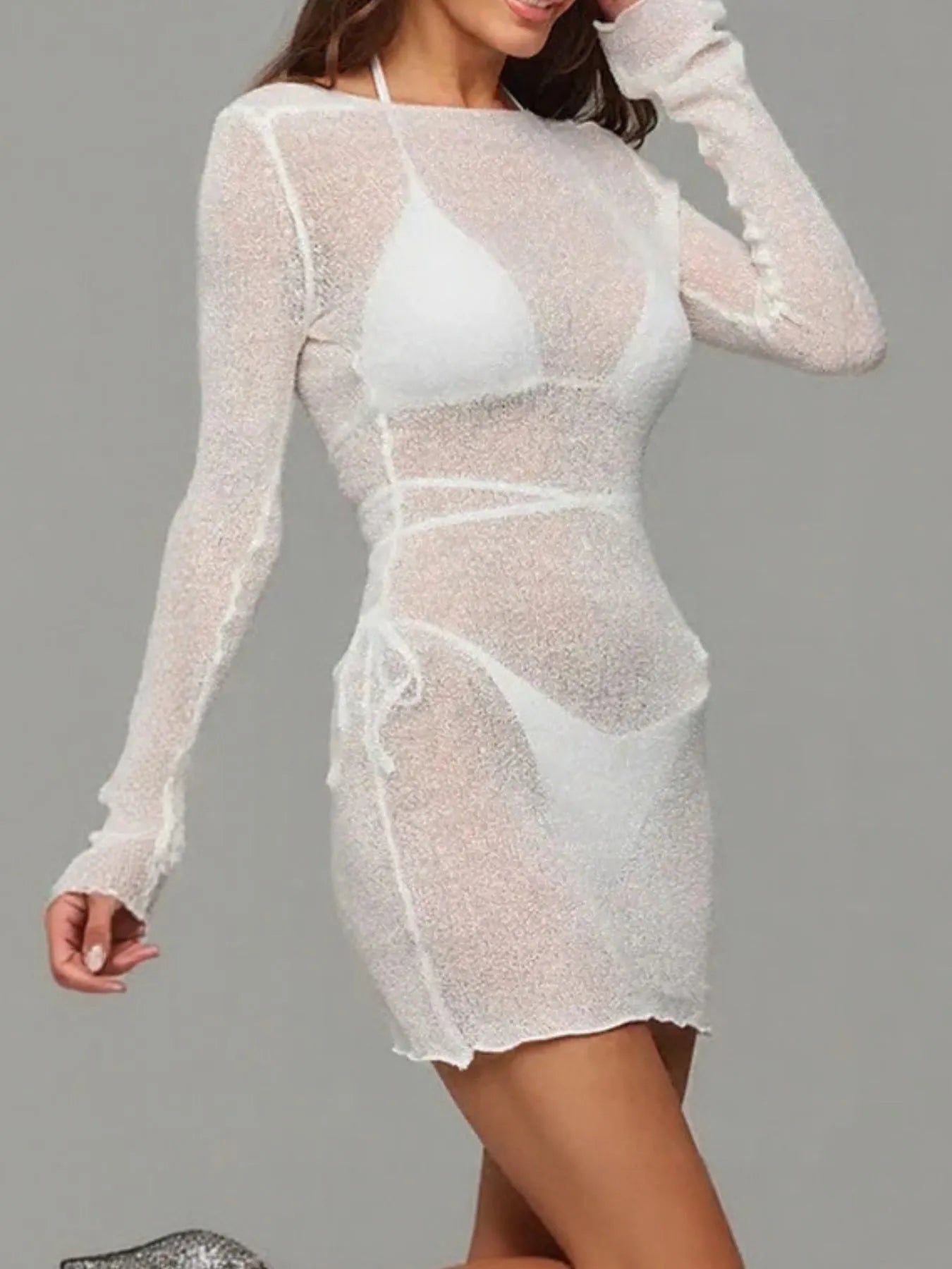 Sheer Backless Long Sleeve Mini Cover-Up Dress