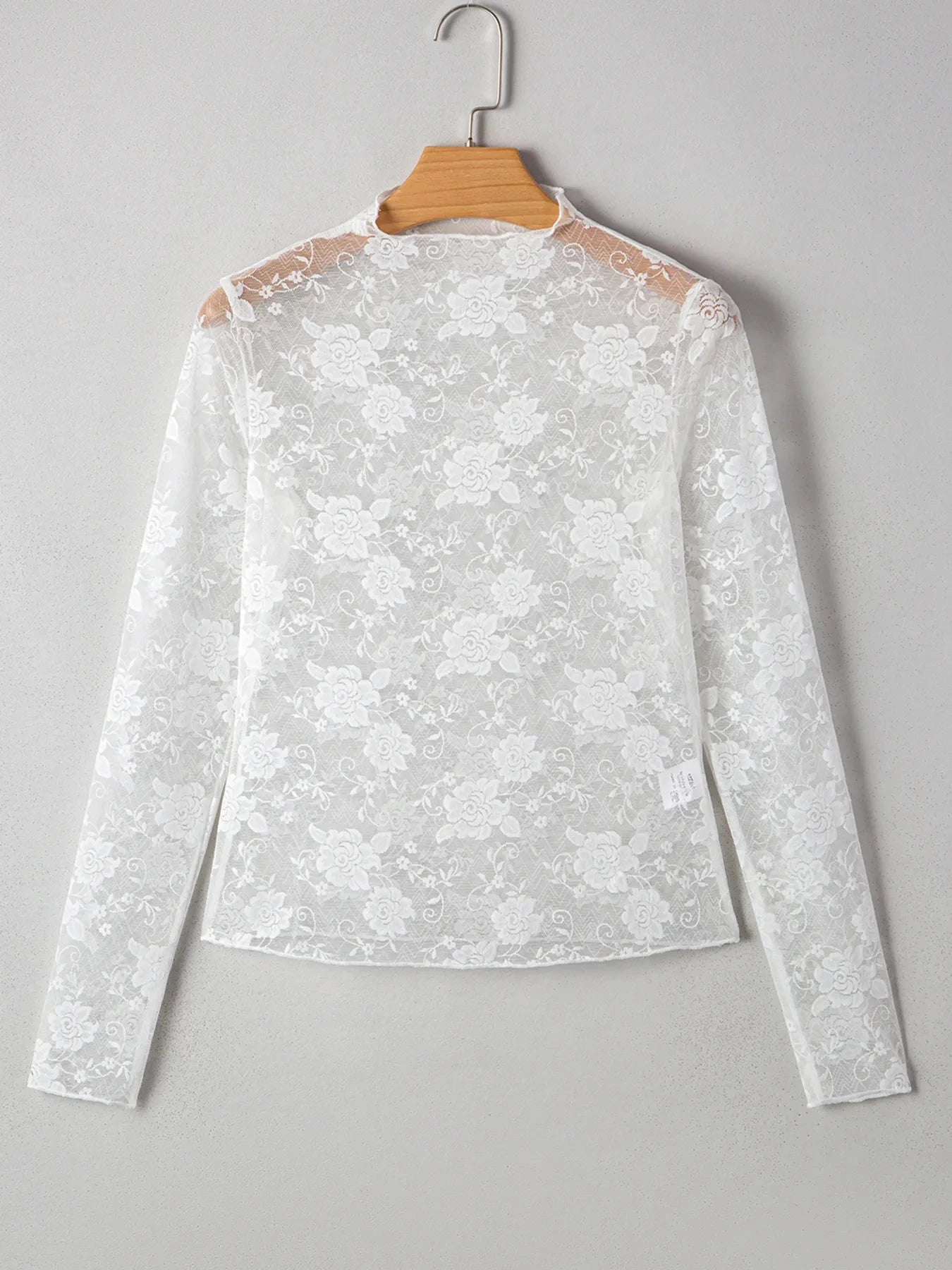 Sheer Floral Lace Mesh Mock Neck Long Sleeve Top