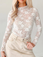 Sheer Floral Lace Mesh Mock Neck Long Sleeve Top