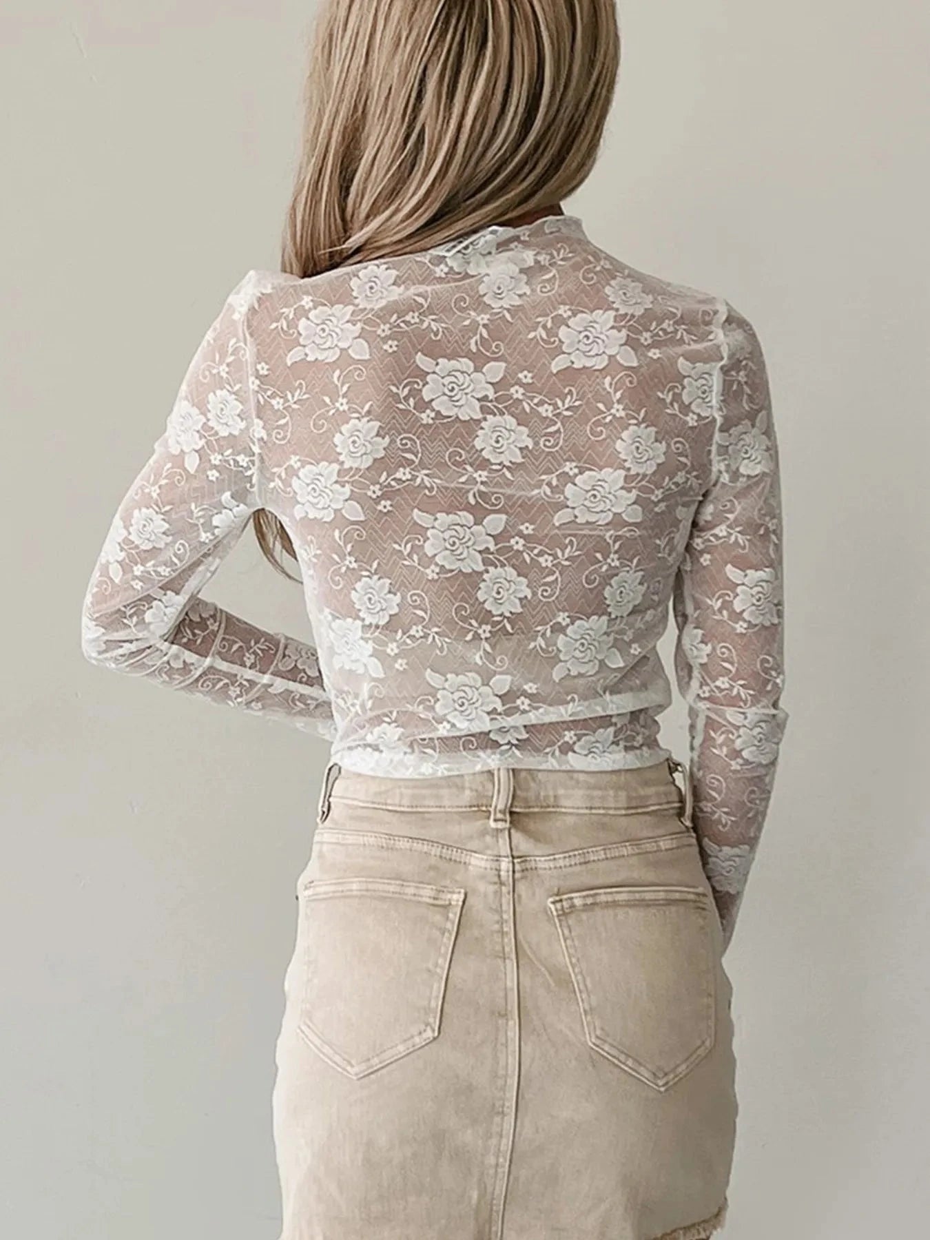 Sheer Floral Lace Mesh Mock Neck Long Sleeve Top