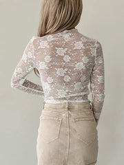 Sheer Floral Lace Mesh Mock Neck Long Sleeve Top