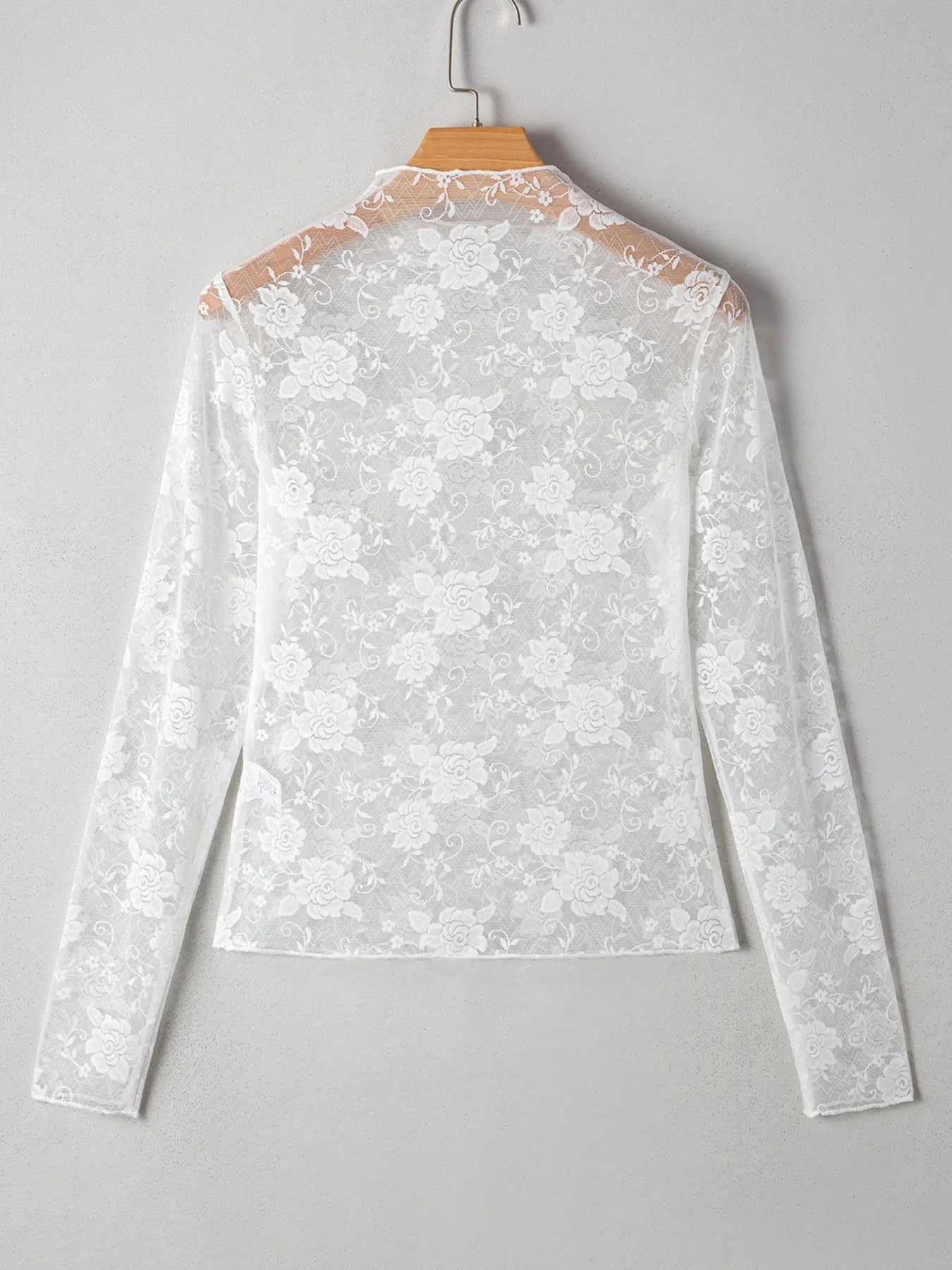 Sheer Floral Lace Mesh Mock Neck Long Sleeve Top