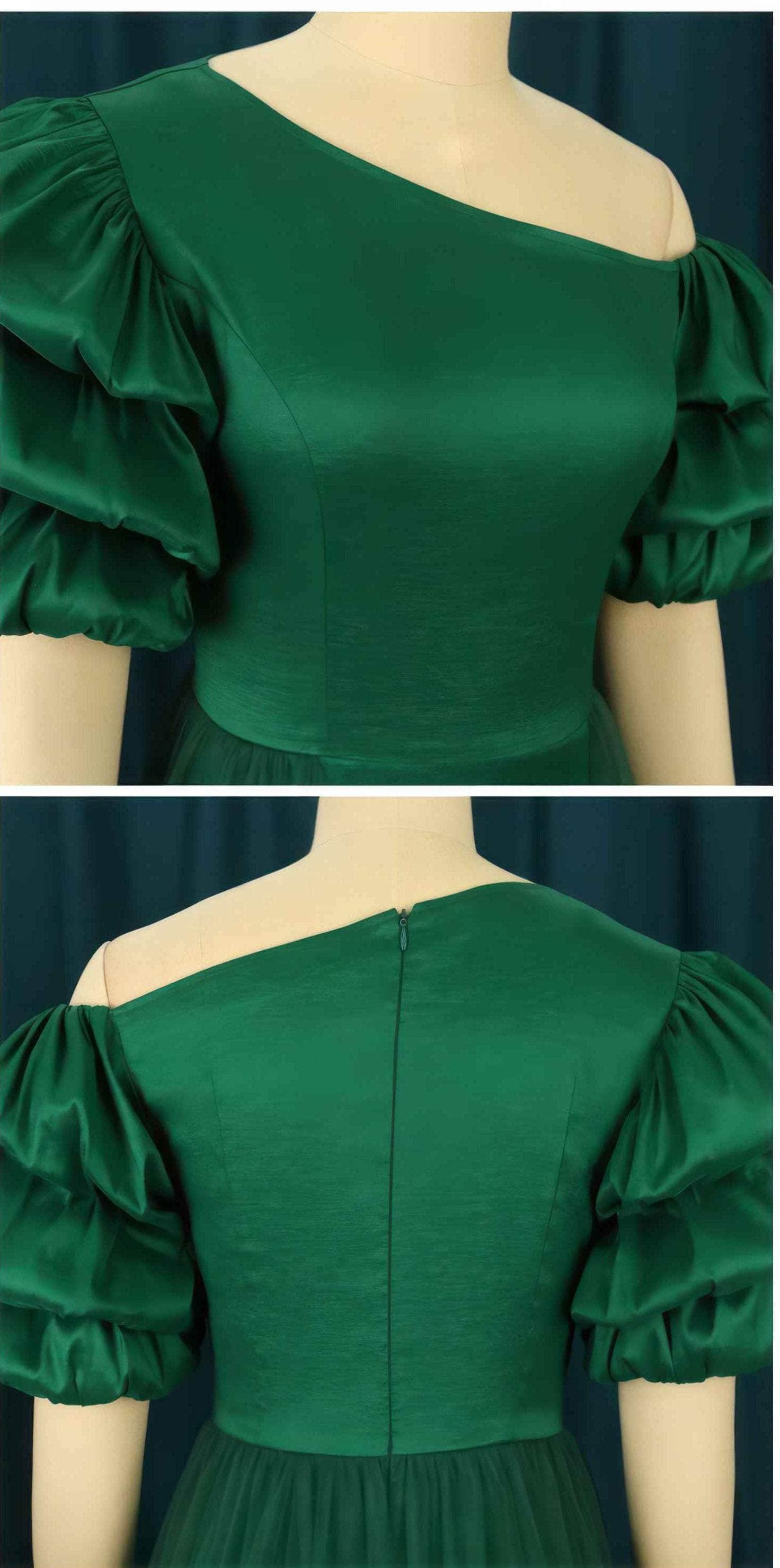 Sheer Mesh Overlay Bouffant Sleeve Satin Dress