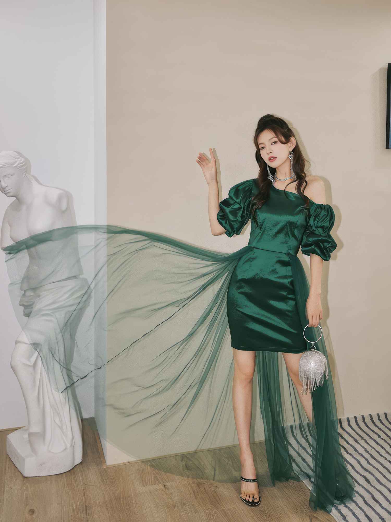 Sheer Mesh Overlay Bouffant Sleeve Satin Dress