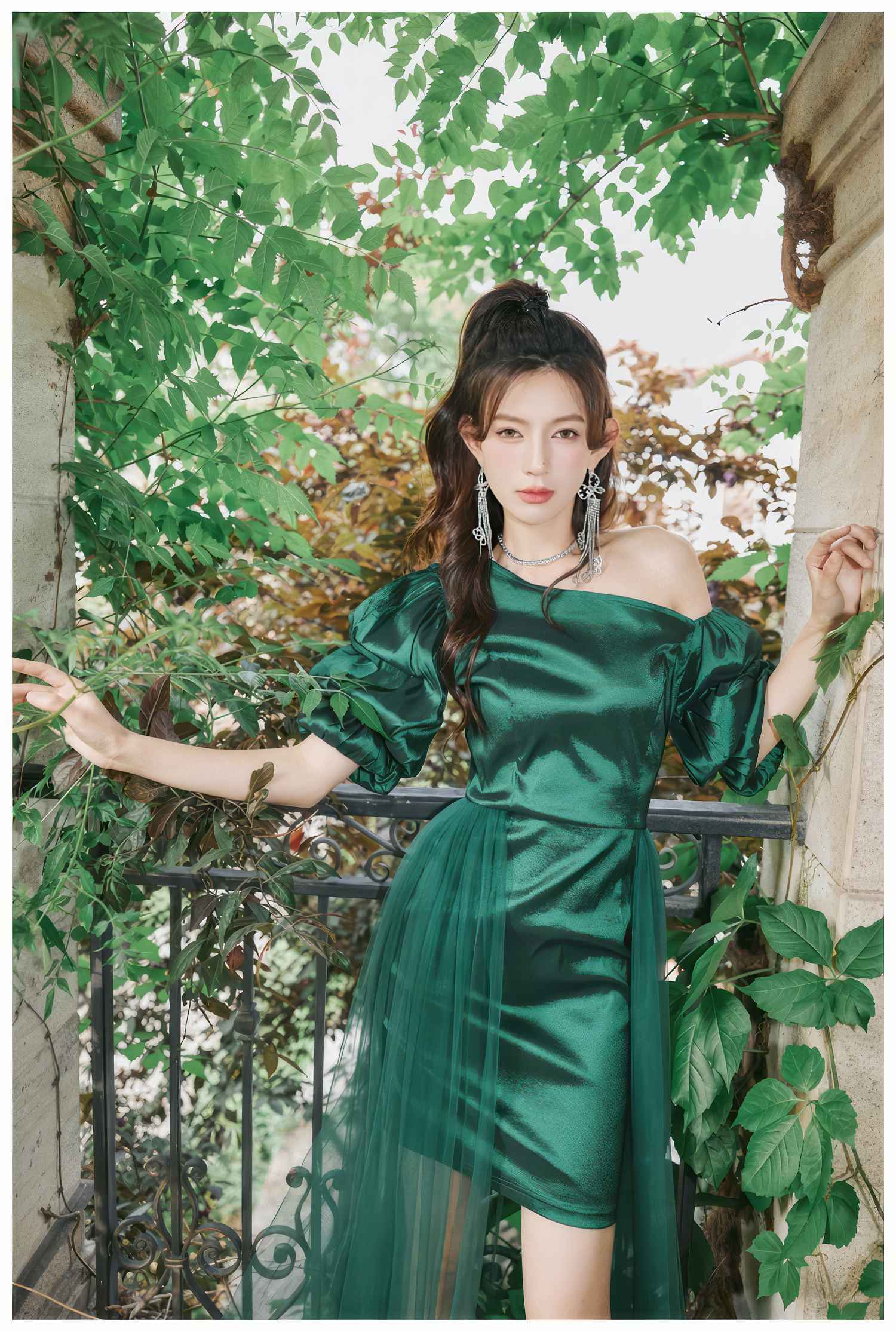 Sheer Mesh Overlay Bouffant Sleeve Satin Dress