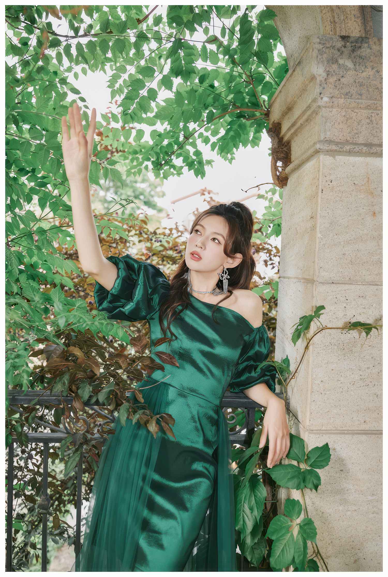 Sheer Mesh Overlay Bouffant Sleeve Satin Dress