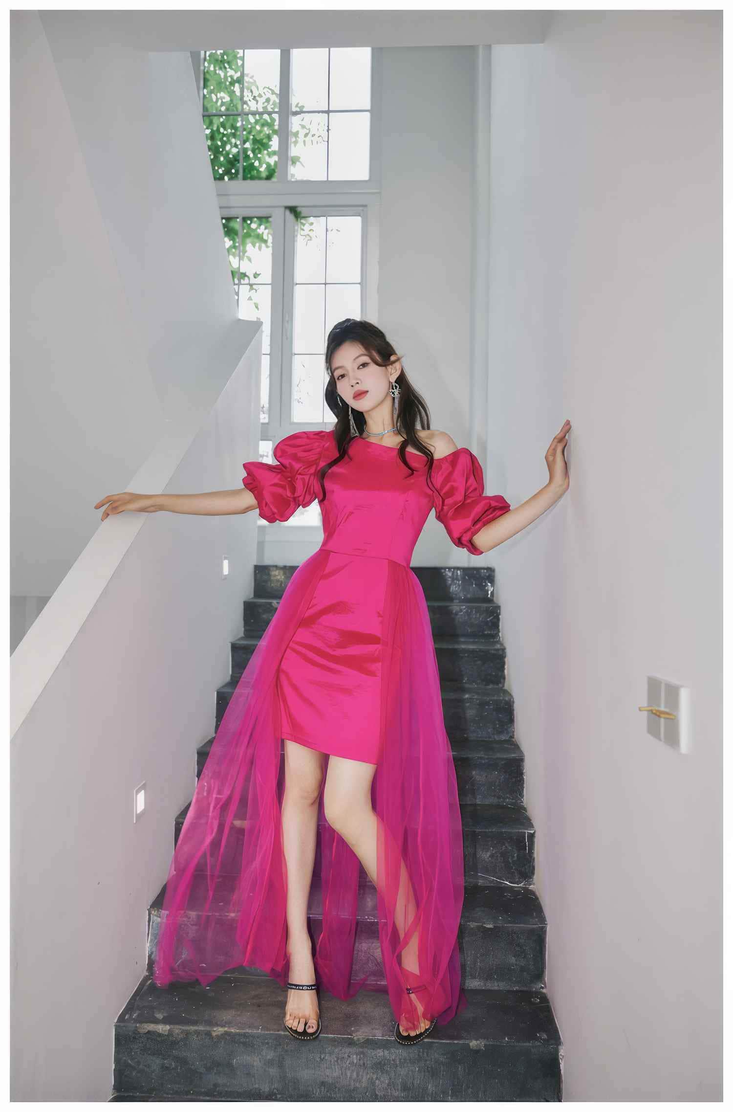 Sheer Mesh Overlay Bouffant Sleeve Satin Dress