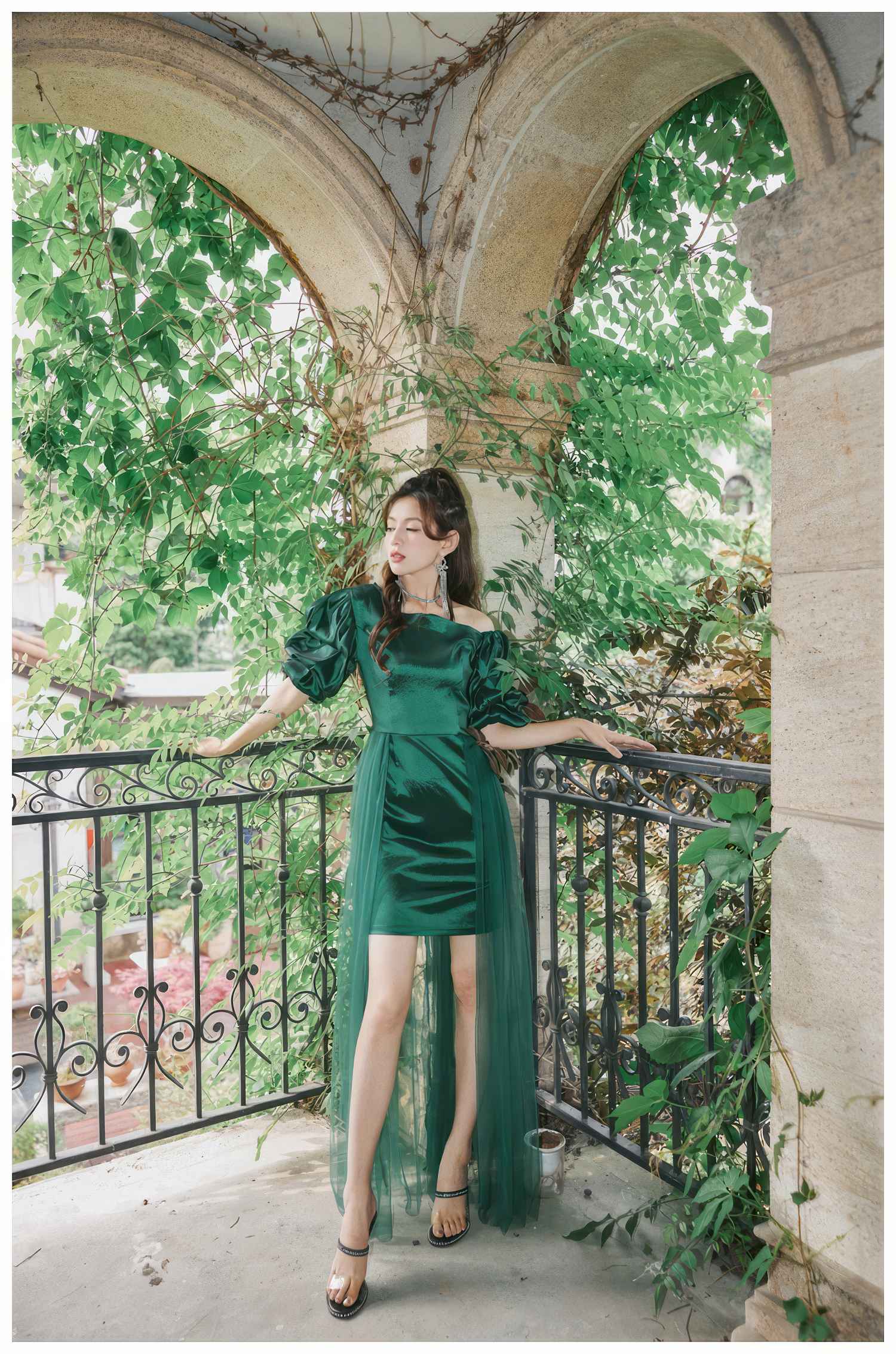 Sheer Mesh Overlay Bouffant Sleeve Satin Dress