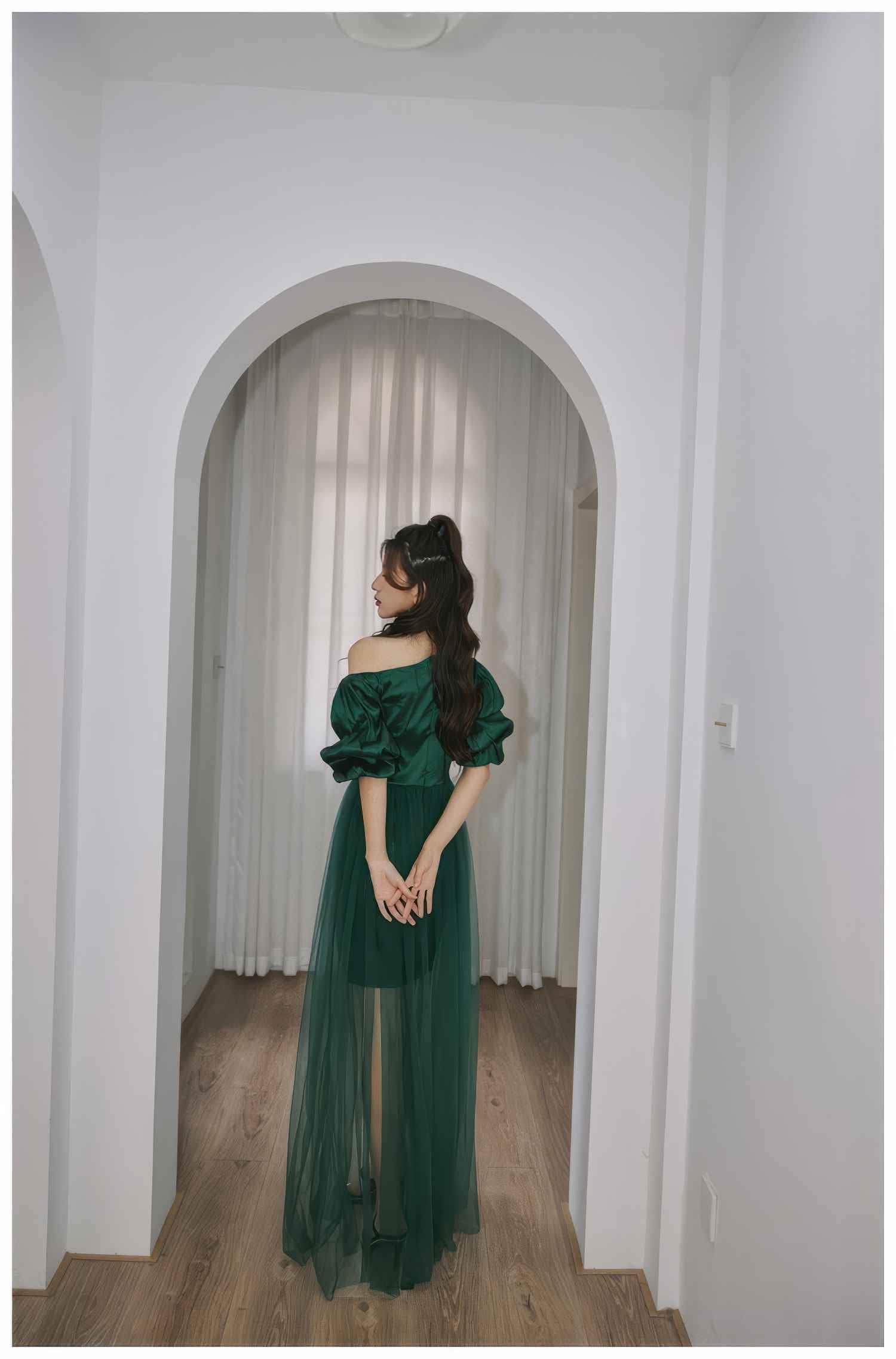 Sheer Mesh Overlay Bouffant Sleeve Satin Dress