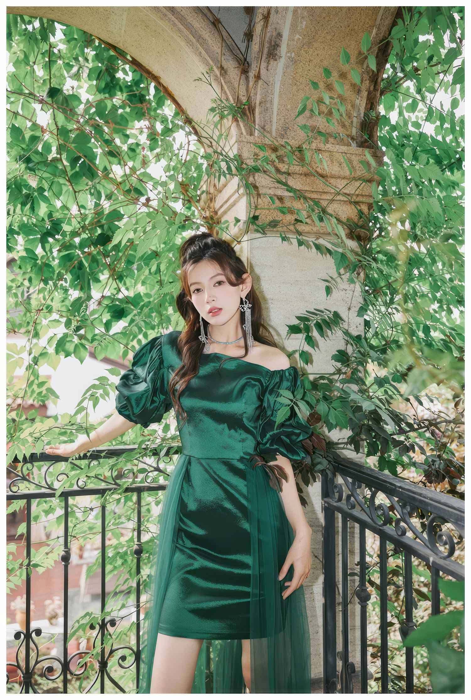 Sheer Mesh Overlay Bouffant Sleeve Satin Dress