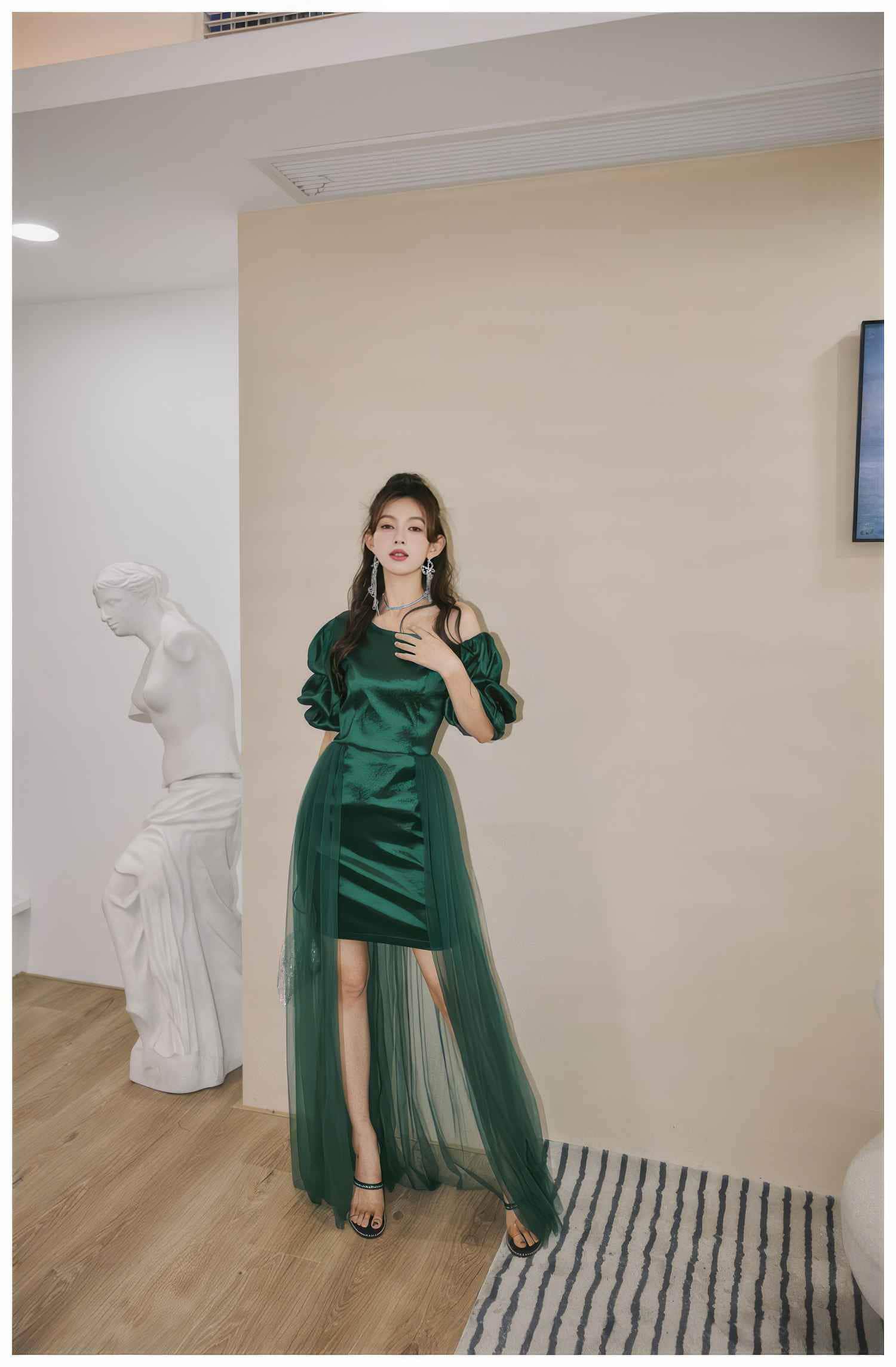 Sheer Mesh Overlay Bouffant Sleeve Satin Dress