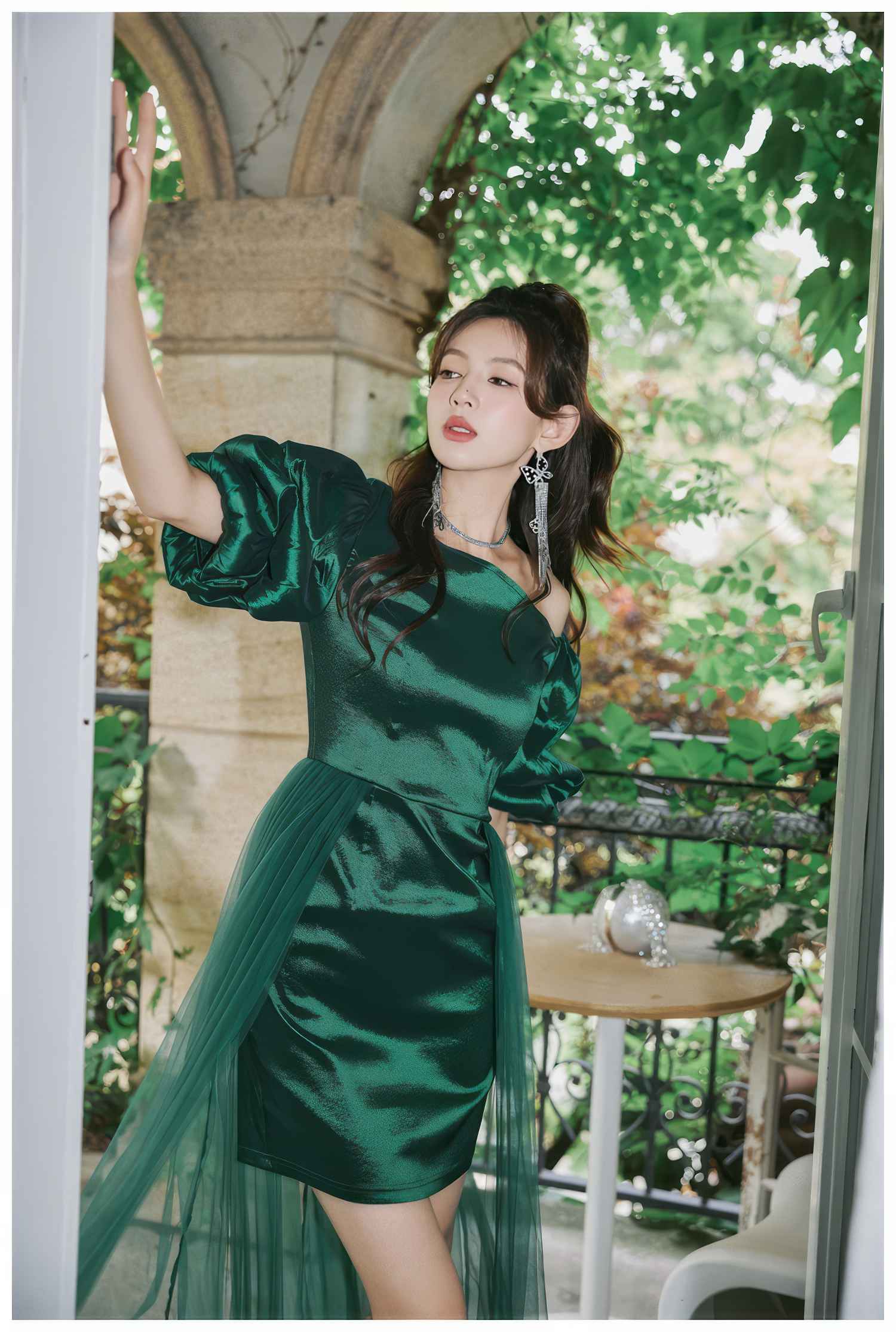 Sheer Mesh Overlay Bouffant Sleeve Satin Dress