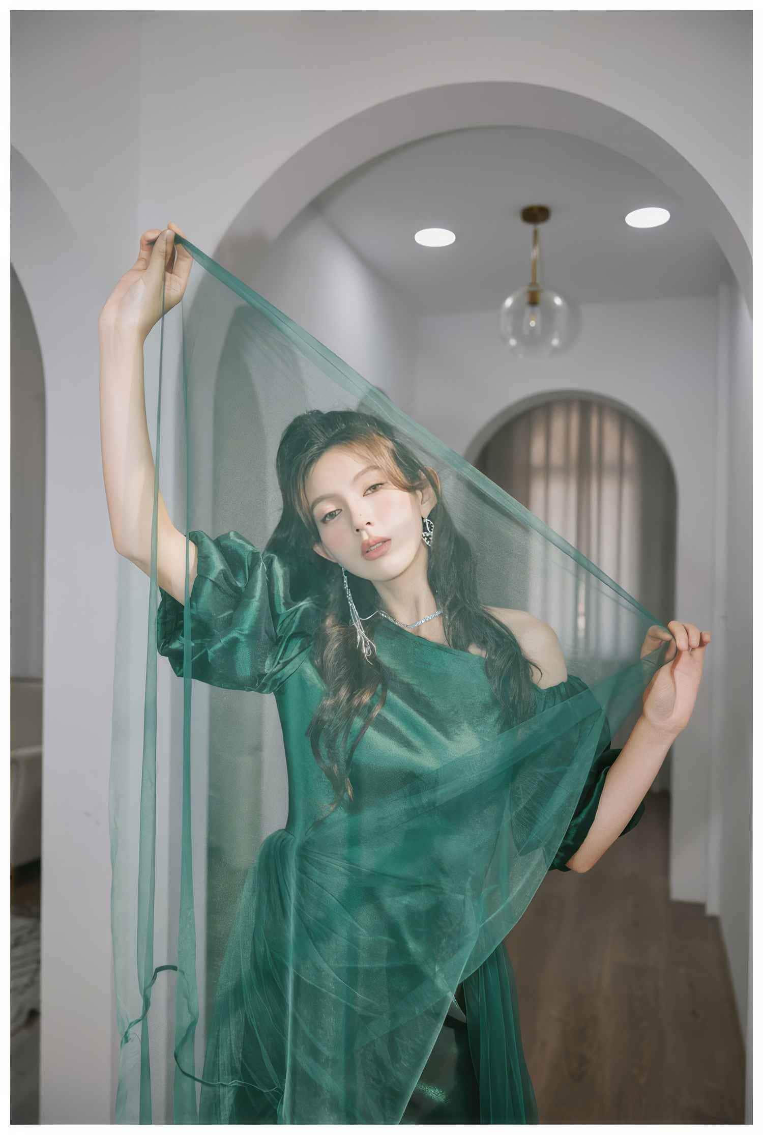 Sheer Mesh Overlay Bouffant Sleeve Satin Dress