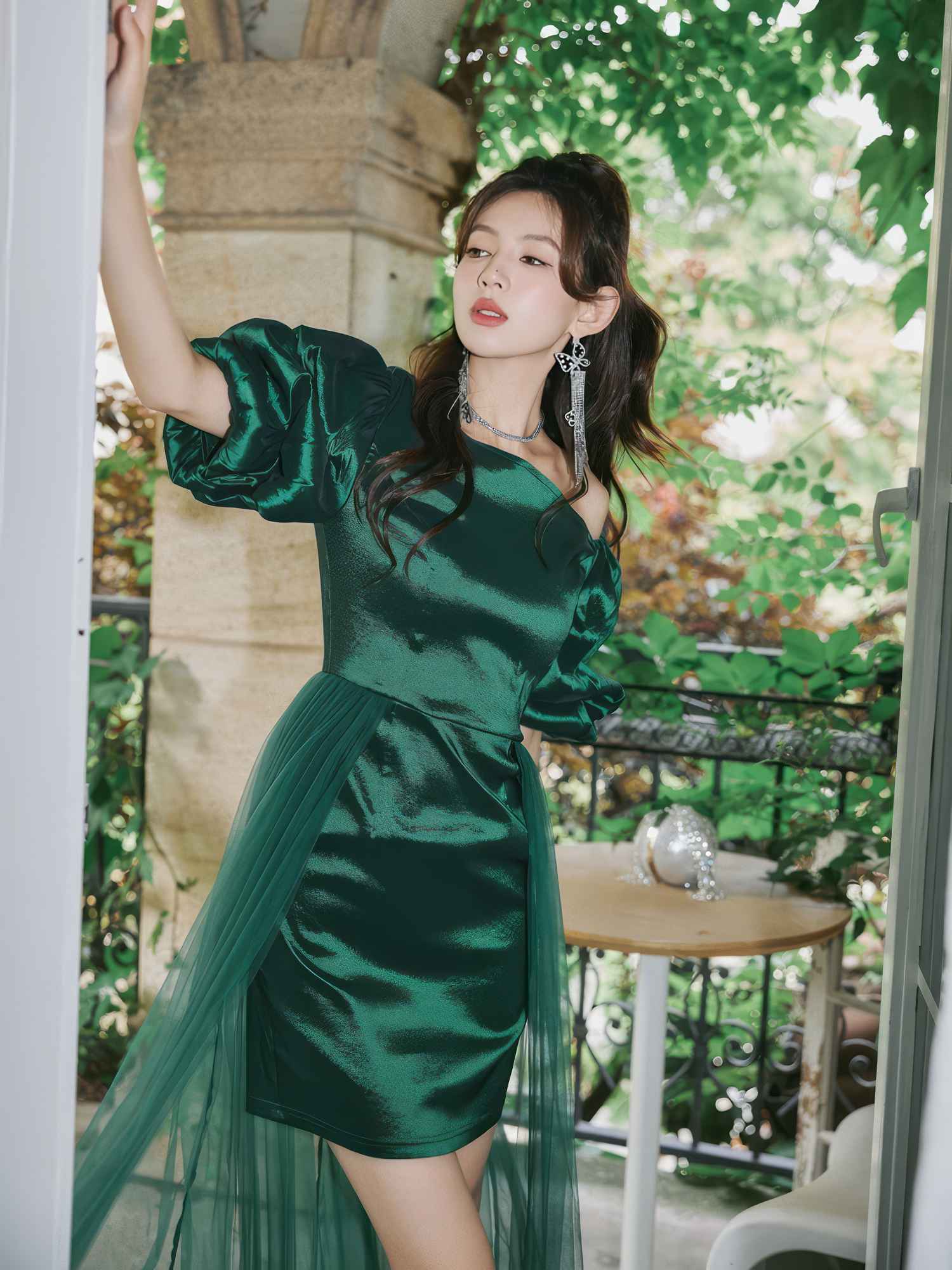 Sheer Mesh Overlay Bouffant Sleeve Satin Dress