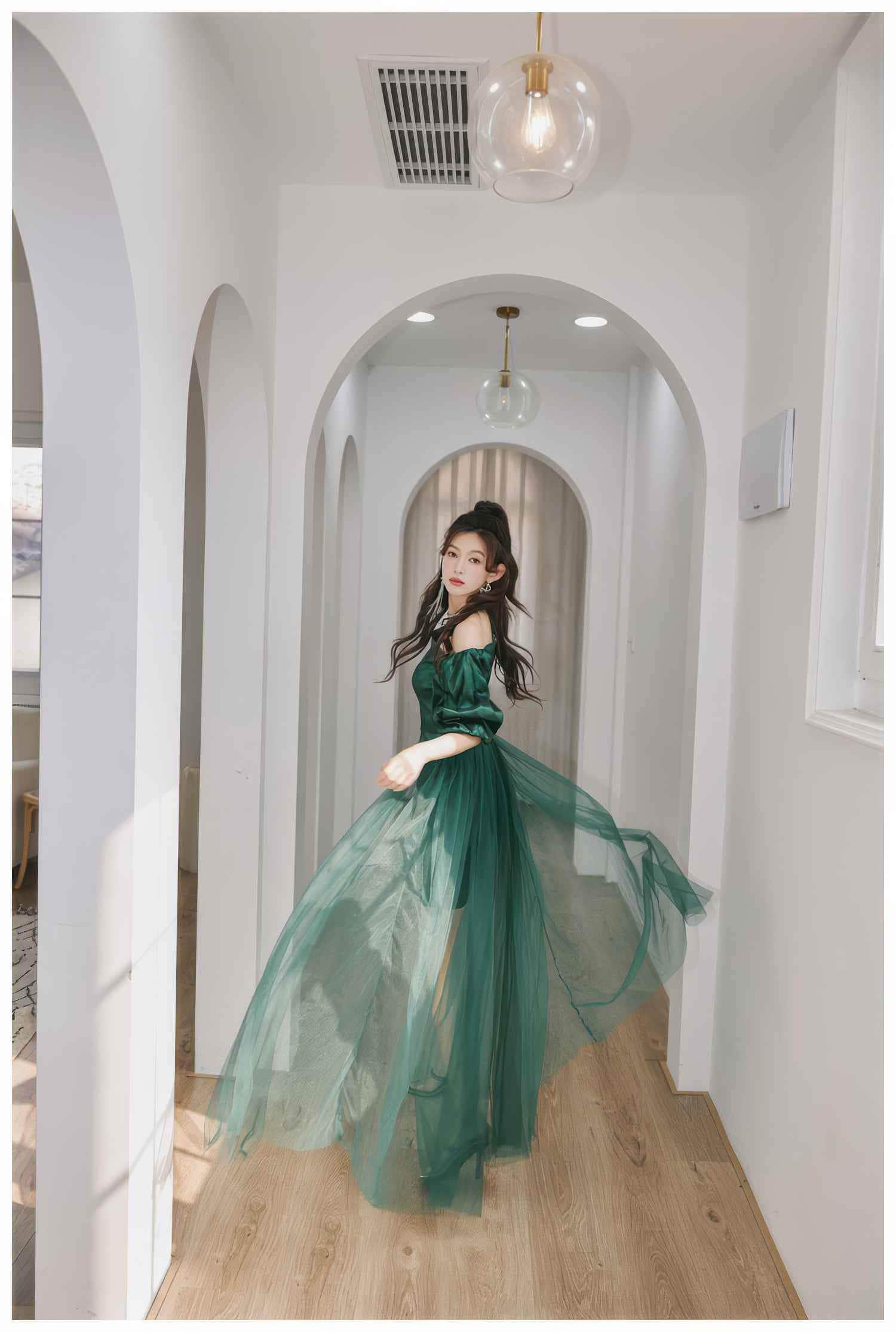 Sheer Mesh Overlay Bouffant Sleeve Satin Dress