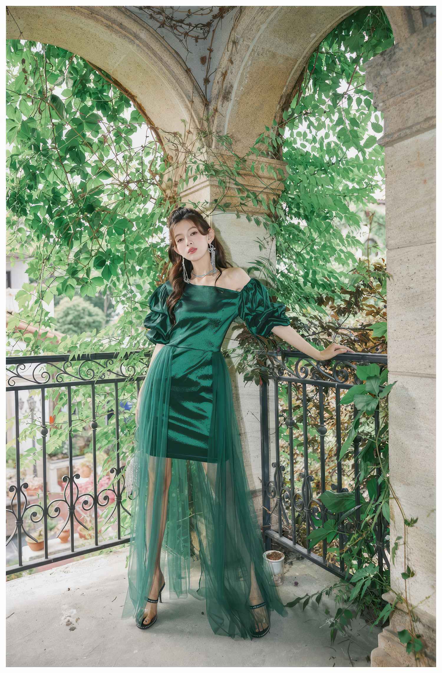 Sheer Mesh Overlay Bouffant Sleeve Satin Dress