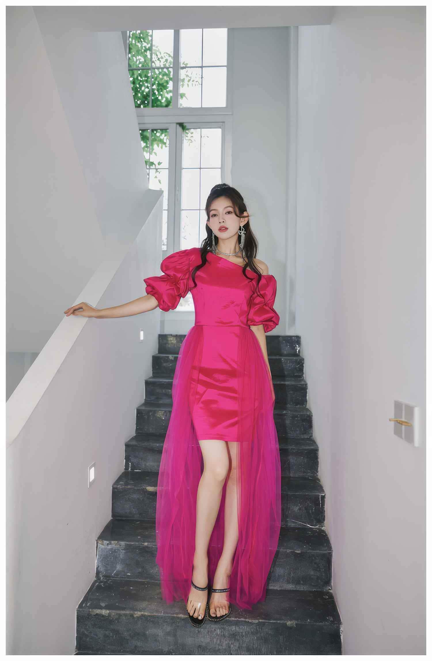 Sheer Mesh Overlay Bouffant Sleeve Satin Dress S / Pink