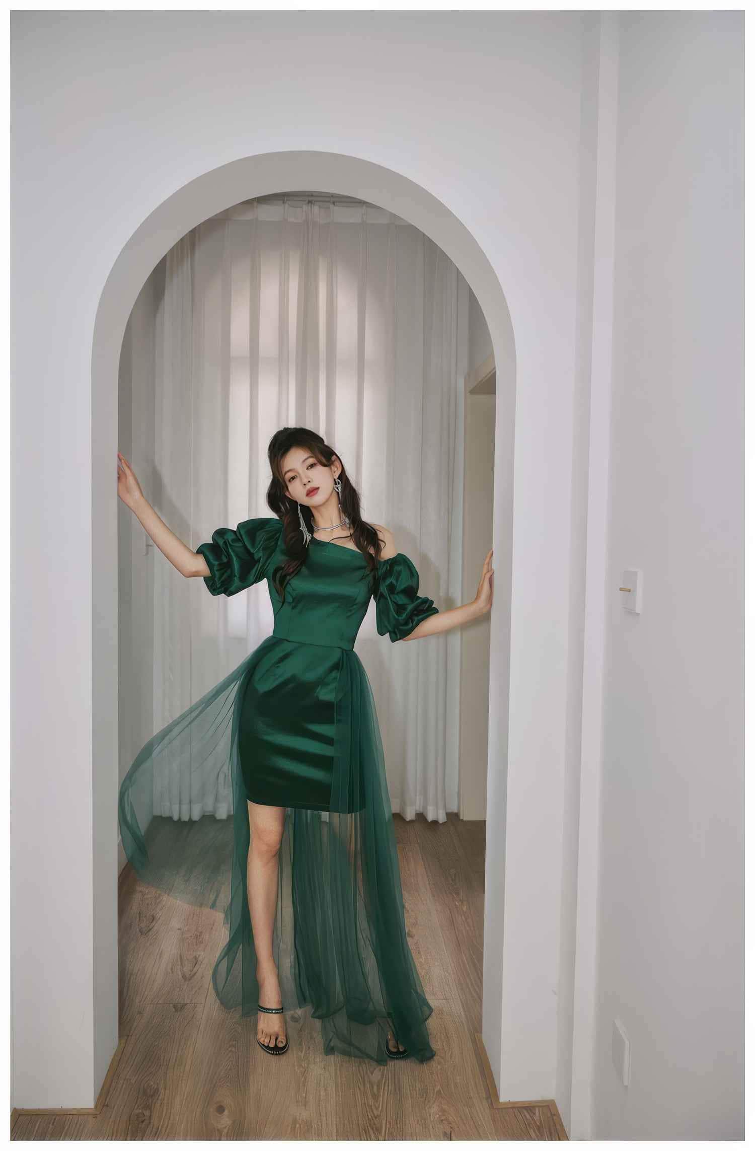 Sheer Mesh Overlay Bouffant Sleeve Satin Dress S / SeaGreen