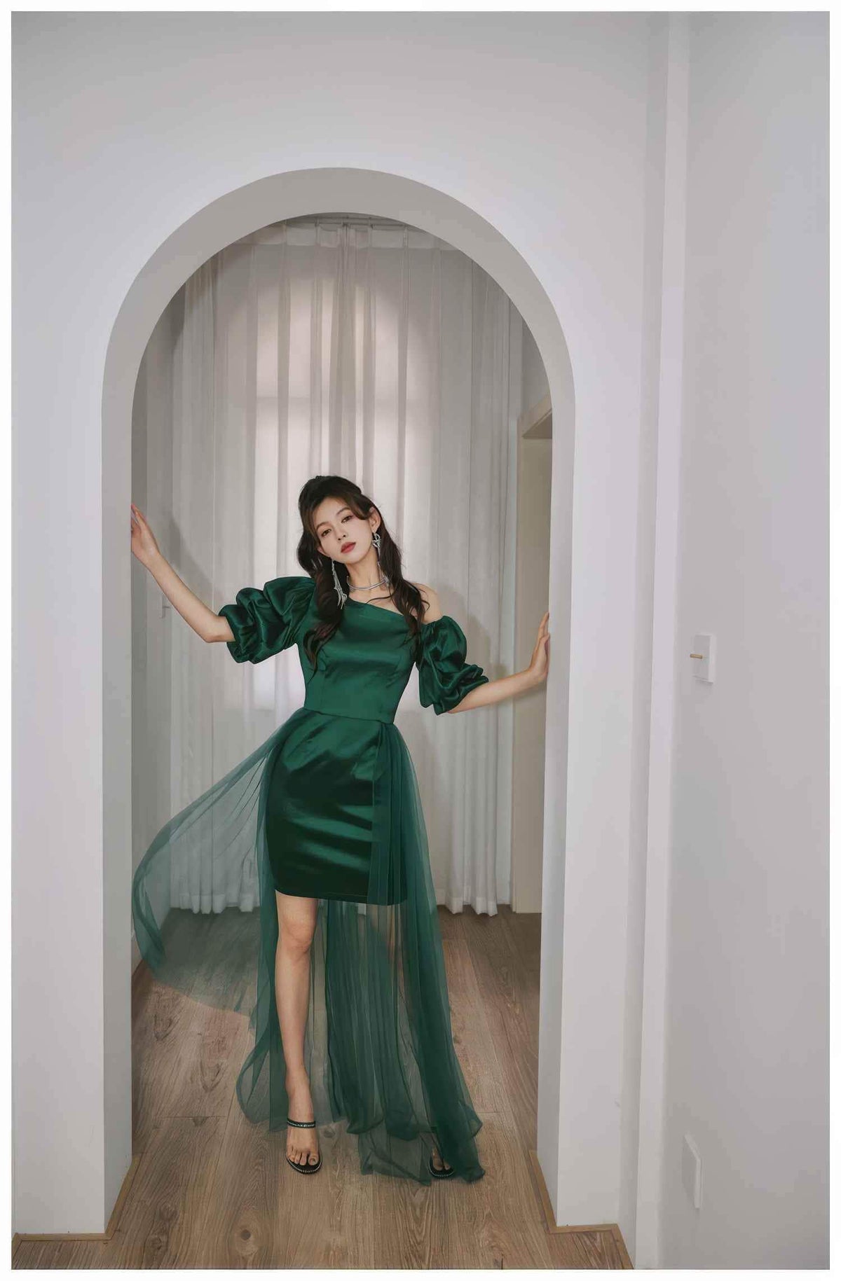 Sheer Mesh Overlay Bouffant Sleeve Satin Dress S / SeaGreen