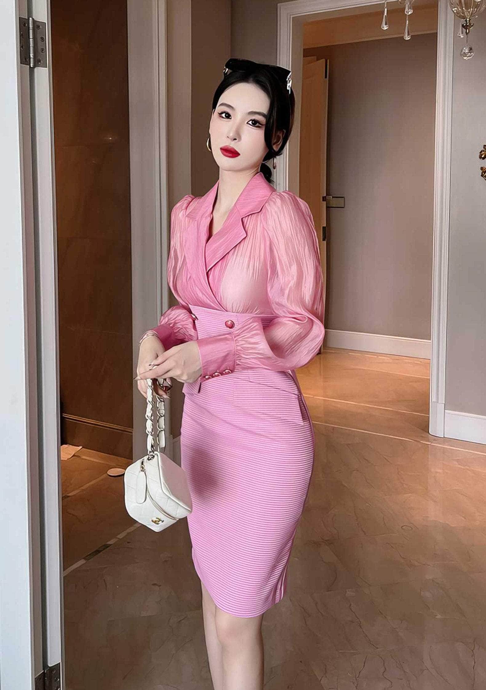 Sheer Sleeves Double Button Blazer Dress