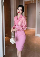 Sheer Sleeves Double Button Blazer Dress