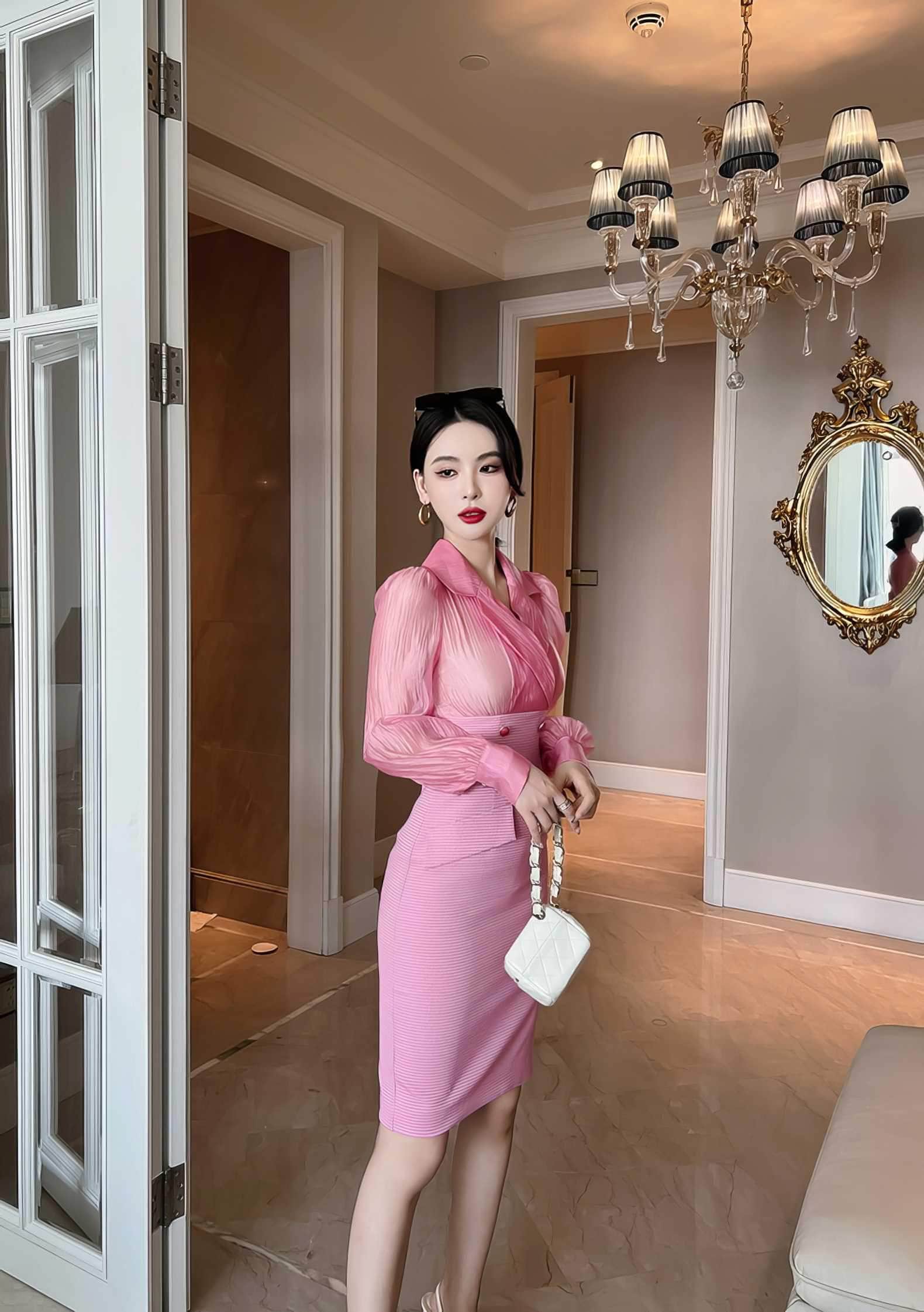 Sheer Sleeves Double Button Blazer Dress